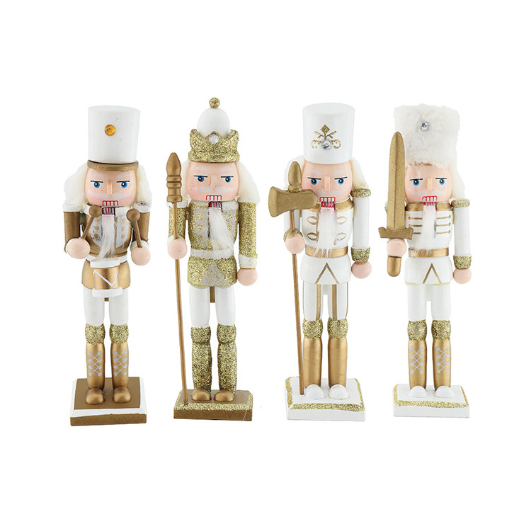 Wooden 18cm Nutcracker King Soldier White Gold Glitter Christmas Ornament Holiday Gift For Children Indoor Tabletop Decoration