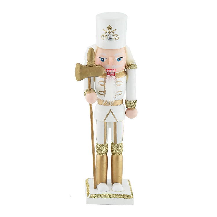 Wooden 18cm Nutcracker King Soldier White Gold Glitter Christmas Ornament Holiday Gift For Children Indoor Tabletop Decoration