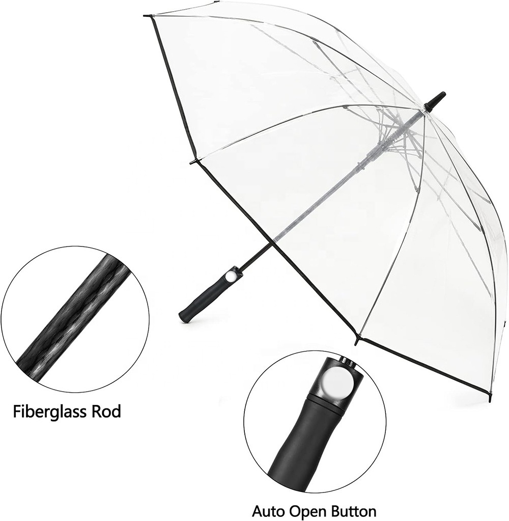 Clear Golf Umbrella Oversized Automatic Open Stick Umbrella Transparent Windproof Waterproof Rain Umbrella