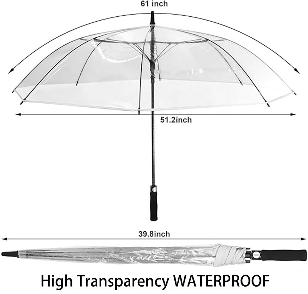 Clear Golf Umbrella Oversized Automatic Open Stick Umbrella Transparent Windproof Waterproof Rain Umbrella