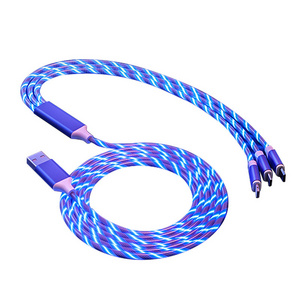 NEW LED Light Flowing Fast USB Charging Cable Cell Phone Cord Charger Type C USB-C Micro USB 3 in 1 Cable