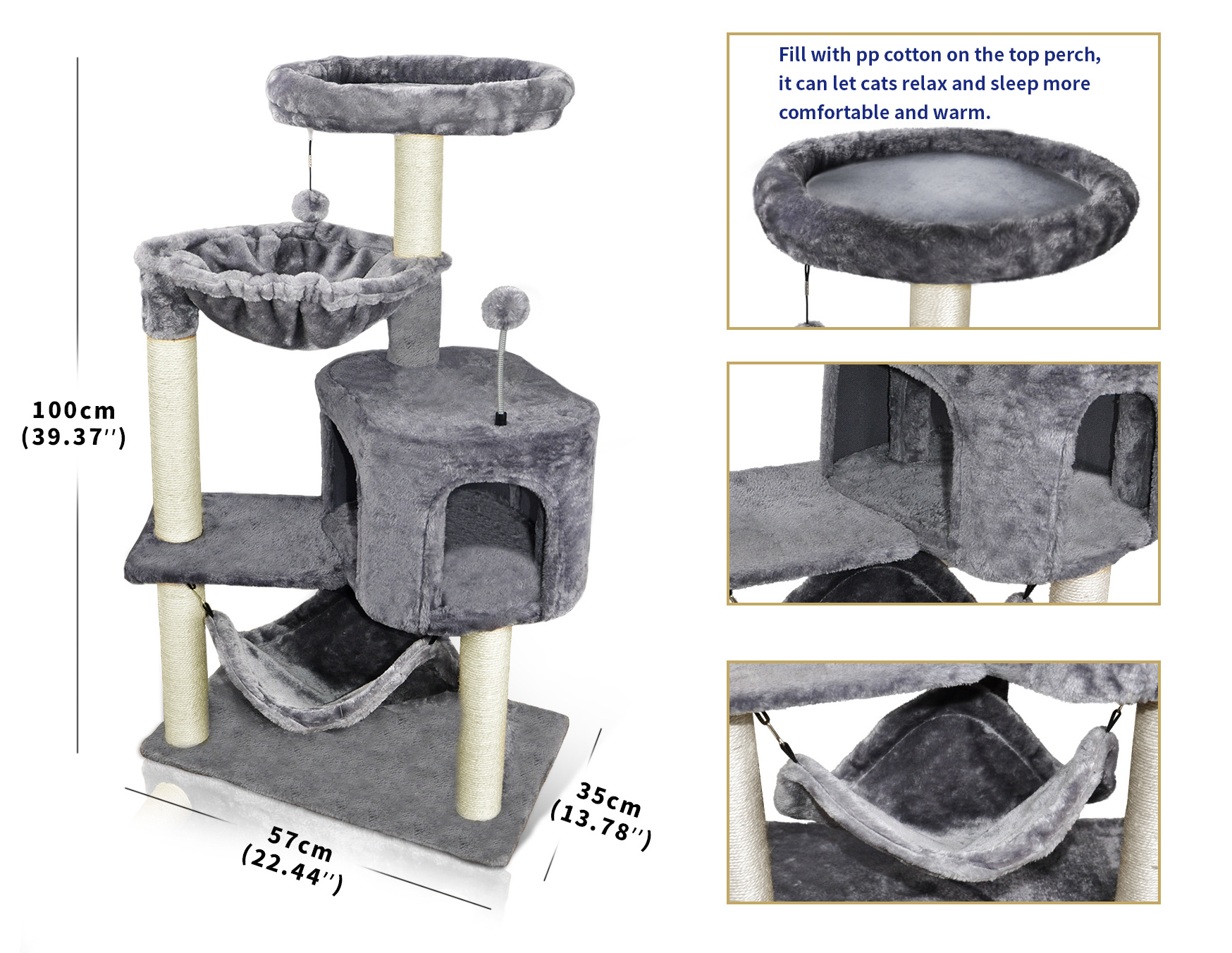 Hot selling Multi-Level  Cat Scratching Tree With Sisal Scratching Posts cute  Hammock Cat Tower