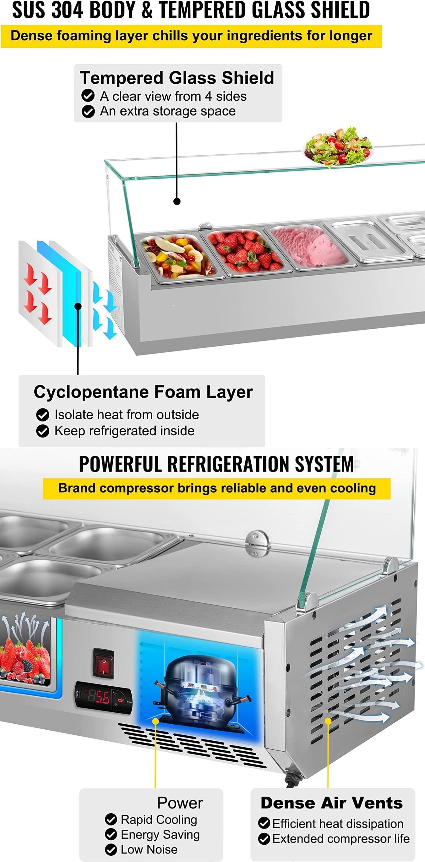 salad bar display counter Stainless steel fractional plates commercial salad bar prep cooler