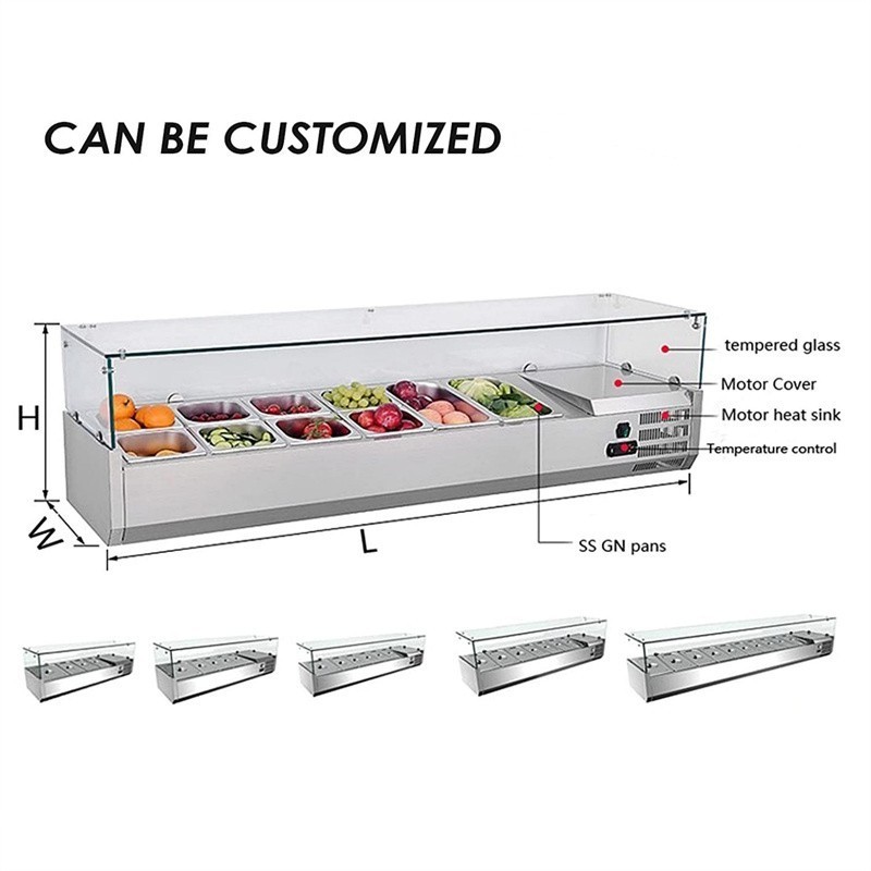 Countertop Refrigerated Condiment Prep Station with Rectangular Glass Cover Sandwich/Salad Bar Refrigerator Prep Station