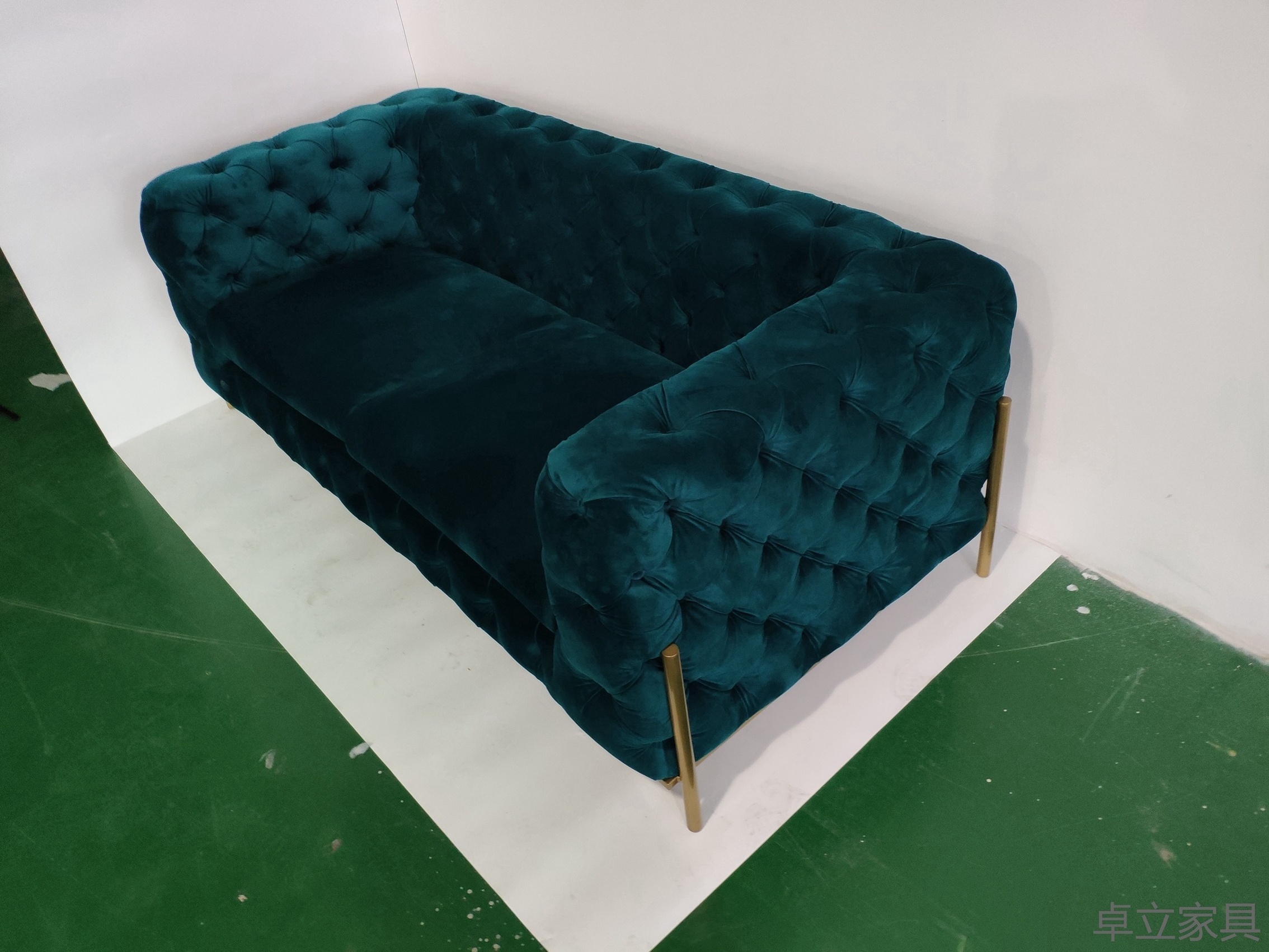 Gold Stainless Steel Legs Chesterfield Tufted Button Design Three Seat Fabric Sofa