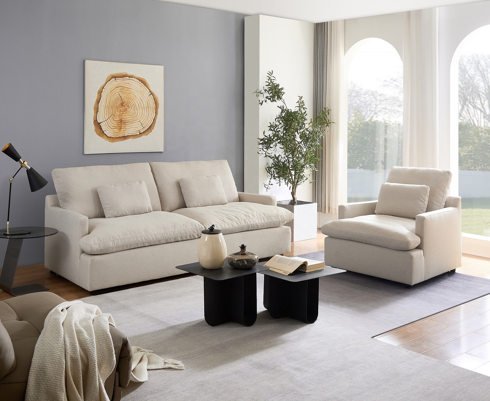 Pure White Fabric Sofa Simple Modern Sofa Set Soft Comfortable Couch with Wood Feet For Living Room