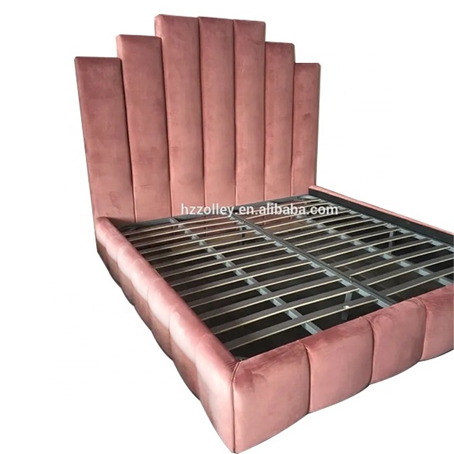 Customized Pink Velvet High Headboard Bedroom Furniture King Size Soft Bed