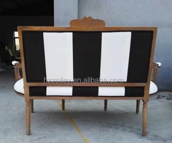 Black and White Stripe Leisure Chair Two Seater Loveseat Exquisite Wooden Carved Frame Fabric Chair