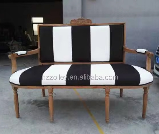 Black and White Stripe Leisure Chair Two Seater Loveseat Exquisite Wooden Carved Frame Fabric Chair