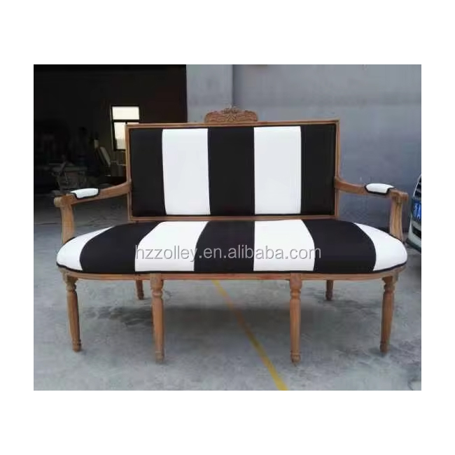 Black and White Stripe Leisure Chair Two Seater Loveseat Exquisite Wooden Carved Frame Fabric Chair