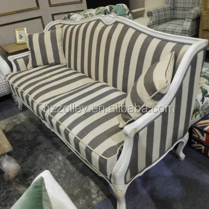 Black and White Stripe Fabric Sofa Two Seater Wood Frame Sofa with Removable Cushion