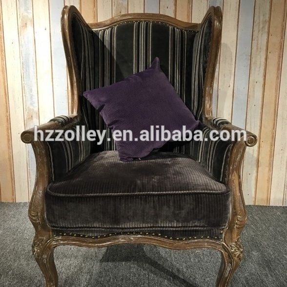 Living Room Wood Frame Antique Carving Chair Fancy Decorative Accent Chair Black Corduroy High Back Wing Chair