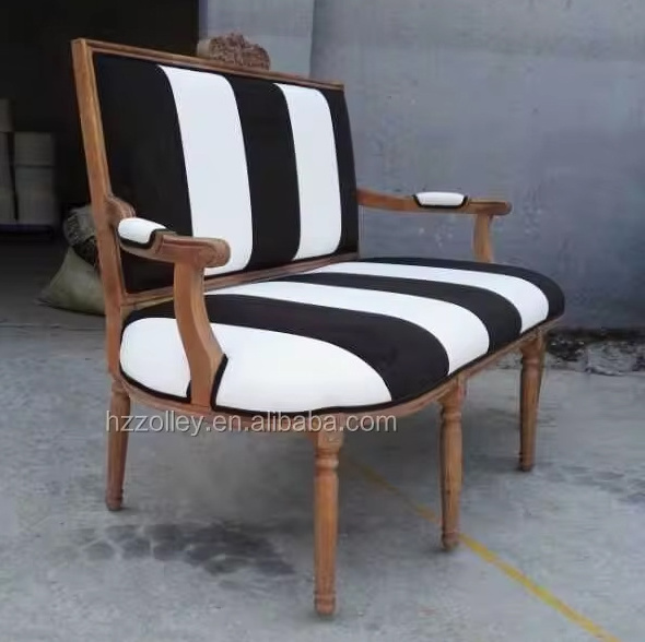 Black and White Stripe Leisure Chair Two Seater Loveseat Exquisite Wooden Carved Frame Fabric Chair