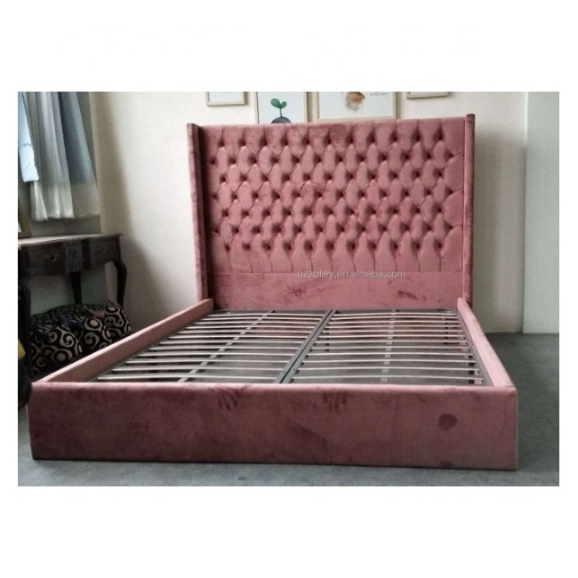 Elegant Pink Velvet Upholstery Button Tufted Headboard Bed Bedroom Furniture King Size Bed