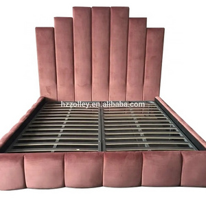 Customized Pink Velvet High Headboard Bedroom Furniture King Size Soft Bed