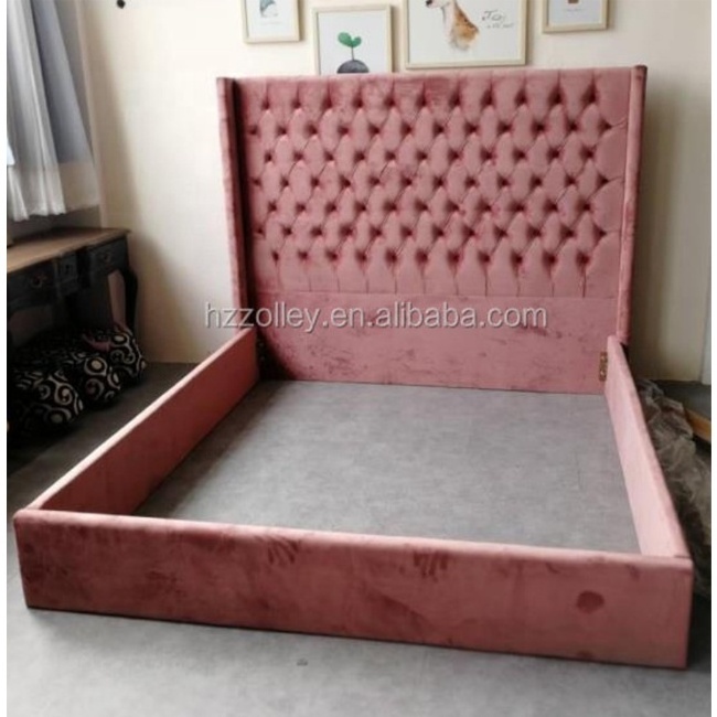 Elegant Pink Velvet Upholstery Button Tufted Headboard Bed Bedroom Furniture King Size Bed