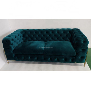 Gold Stainless Steel Legs Chesterfield Tufted Button Design Three Seat Fabric Sofa