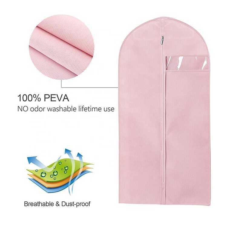 Pink Garment Bag Suit Dust Cover With Window Waterproof Coat Dress Jacket Clothes Covers Wardrobe Closet Organizer