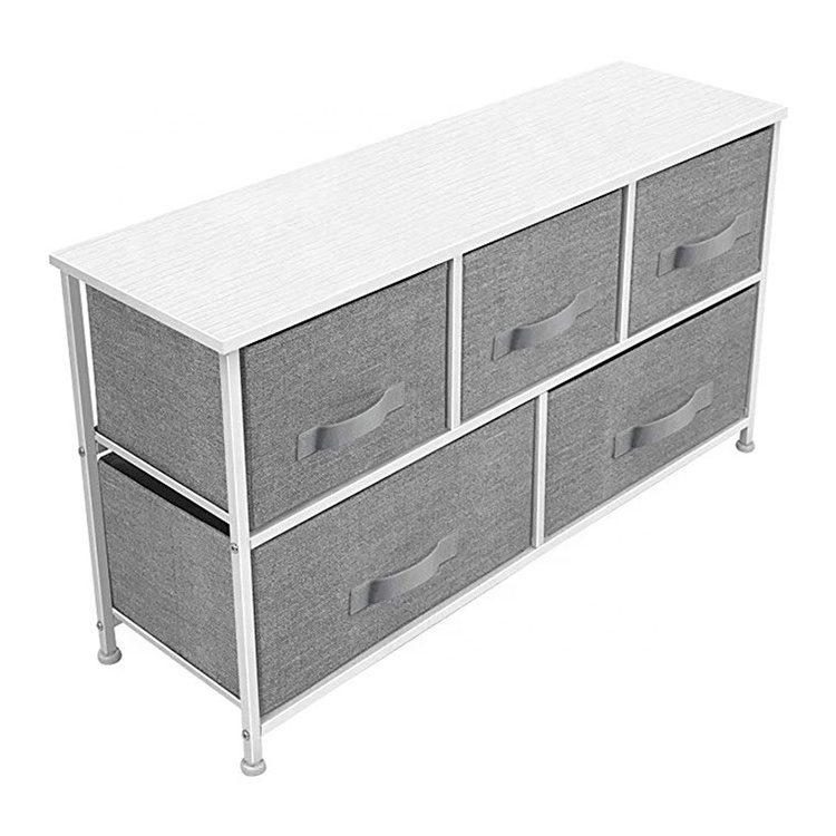 Sturdy Steel Frame Rectangle Tower Chest Dresser Drawer Storage Organizer with Wood Top and Easy Pull Fabric Bins for Bedroom