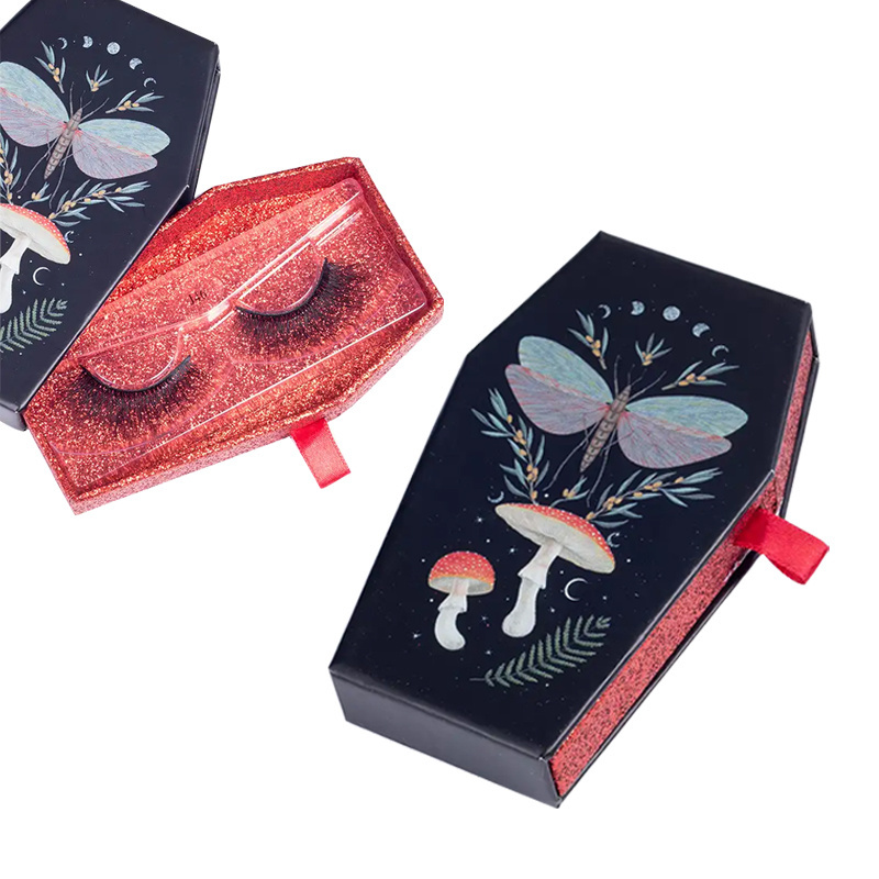 Mushrooms 3D mink false eyelashes coffin box custom packaging glitter gray ghost eyelash collection paper box