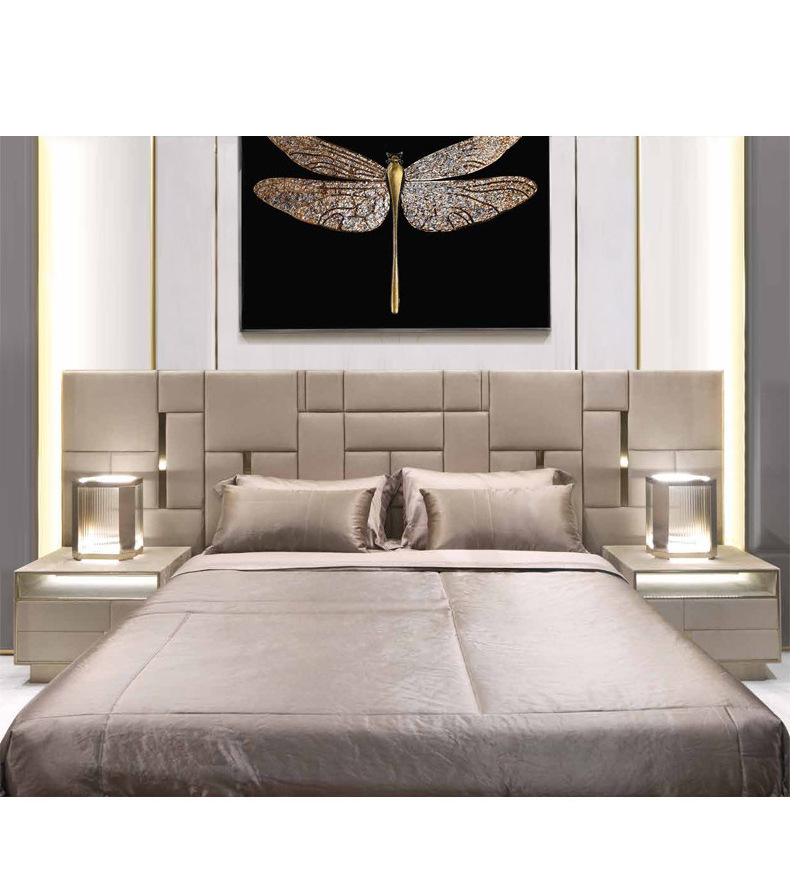 High Quality Postmodern light luxury furniture board bed with checkered splicing stainless steel large bed