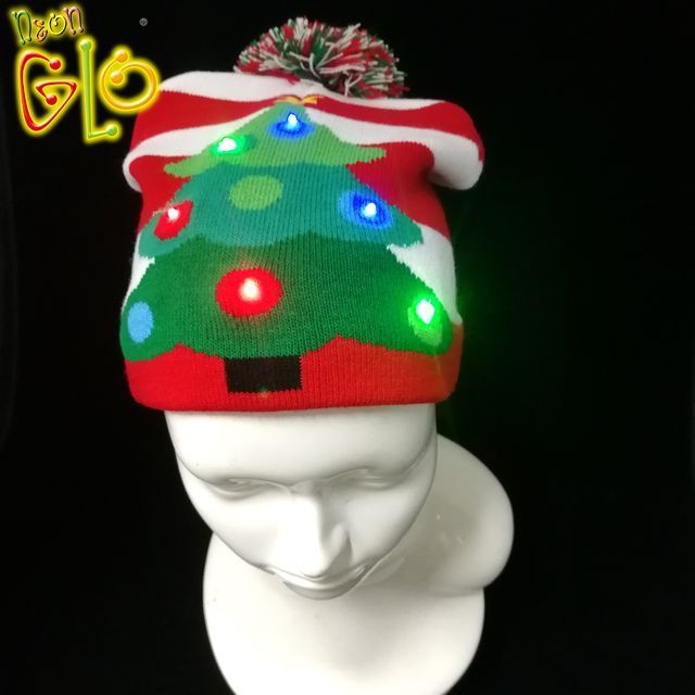 Christmas Party Design Knit Hat Led Light Up Knitted Beanies Christmas Tree Led Hat Sweater Knitted Beanie