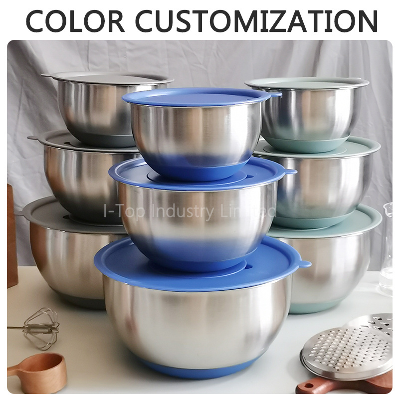 Customize 304 Stainless Steel Salad Bowls with Clear Lids Non-Slip Mixing Bowl Kitchen Food Storage Nesting Bowls with Graters