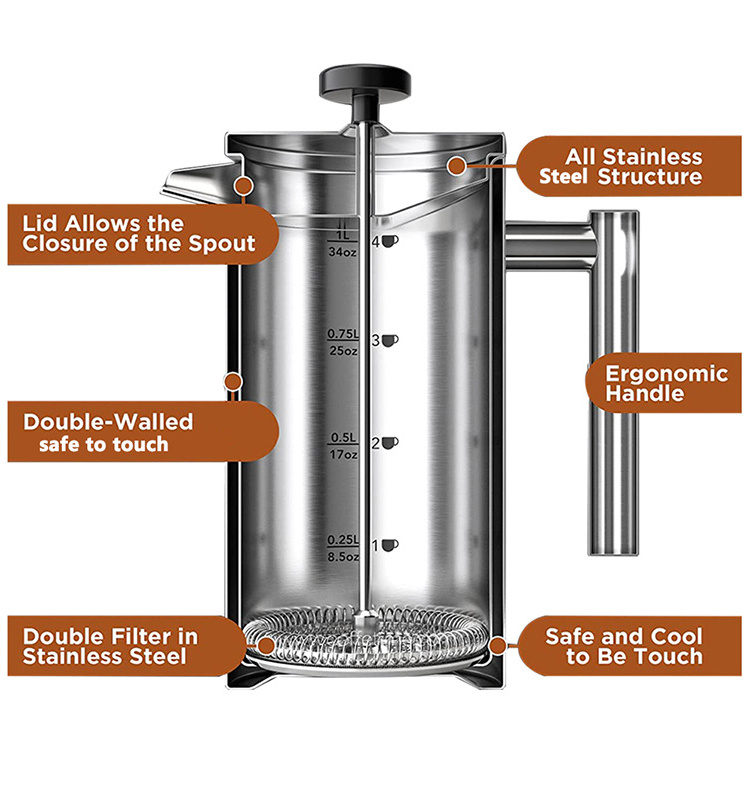 304 Grade Stainless Steel, Double Wall Insulated French Press Coffee Maker