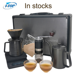 In stock High Quality Pour Over Drip Kettle With Manual Grinder Premium Gift Box Outdoor Travel Portable Coffee Maker Set