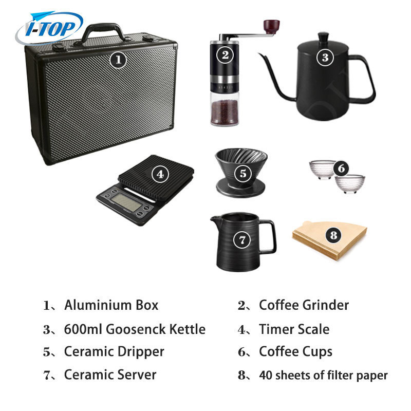 Professional Pour Over Coffee Maker Set with Gift Box Includes Kettle, Coffee Grinder and Glass Filter, Coffee Filter