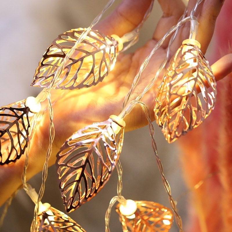 1.5m 10 LED Battery Operated Gold Metal Leaf Fairy Lights String LED Night Light Up Strings Garland for Home Decoration