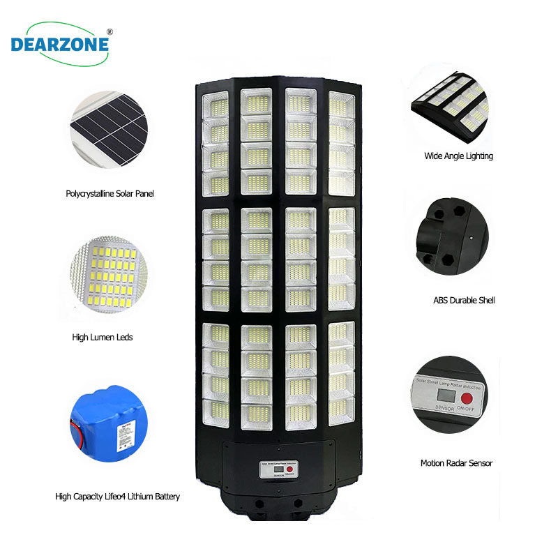 Dearzone Manufacturer Motion Sensor Large Solar Lights Outdoor Led Solar Street Light 1000w 1200w 1500w All in One 10 CE DC 12V