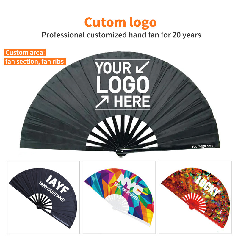 Big Clack Large 33Cm Custom Logo Printing Oxford Satin Fabric Silk Bamboo Hand Held Folding Fan Rainbow Fan