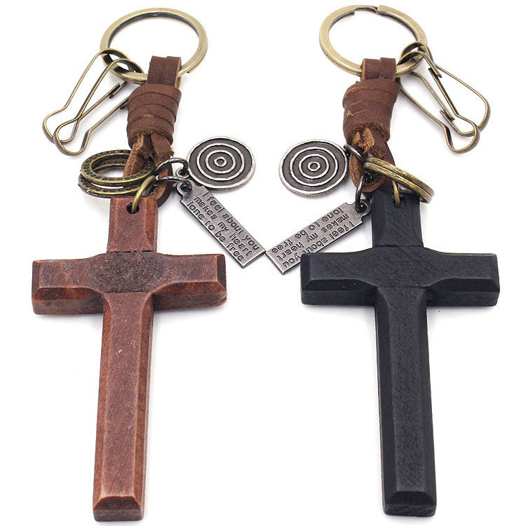 Festival Gift Religious Keychains Olive Wood Cross Keychain With Leather Keyring