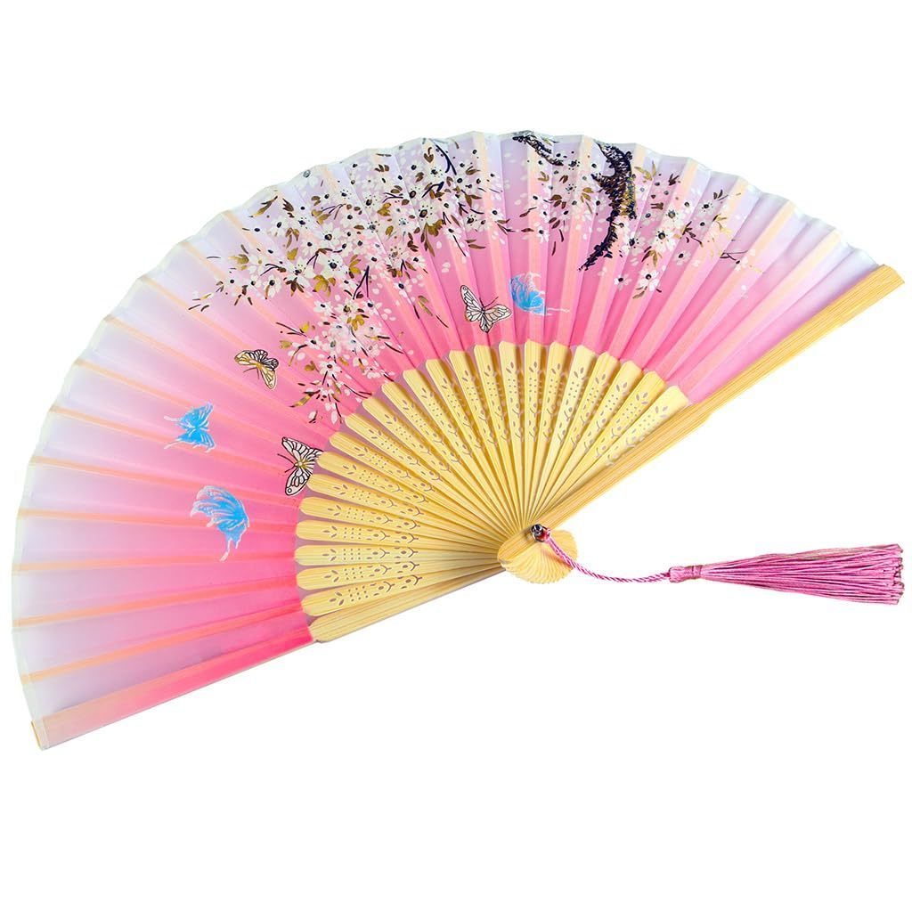 Floral Folding Hand Fans Chinese Style Bamboo Folding Fan Vintage Pattern  Handheld Fabric Folding Fan with Tassel