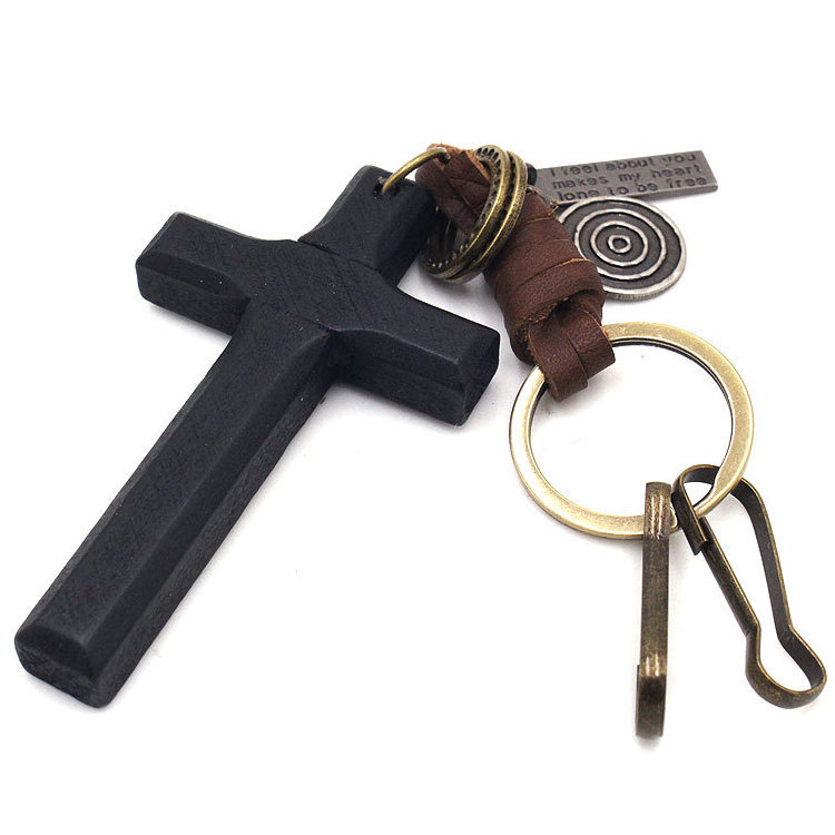 Festival Gift Religious Keychains Olive Wood Cross Keychain With Leather Keyring