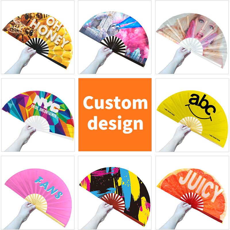 Big Clack Large 33Cm Custom Logo Printing Oxford Satin Fabric Silk Bamboo Hand Held Folding Fan Rainbow Fan