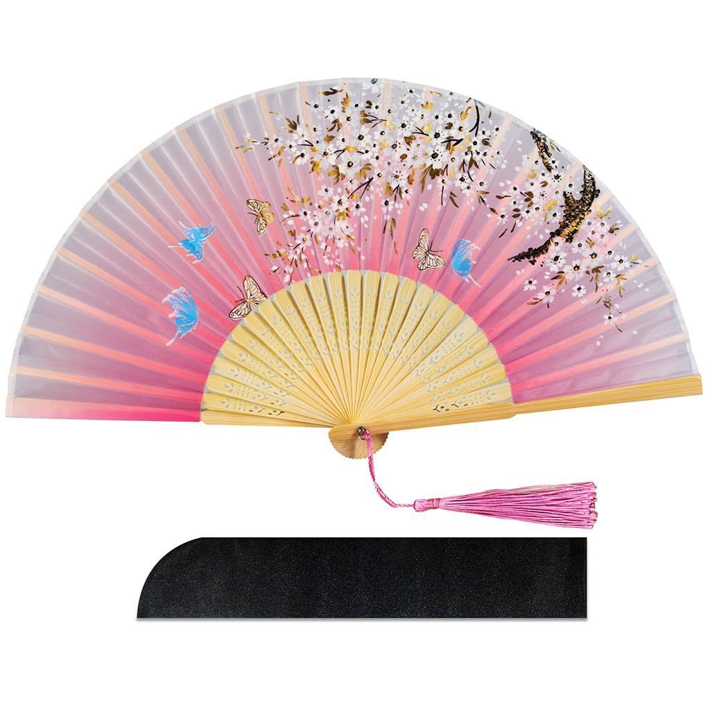 Floral Folding Hand Fans Chinese Style Bamboo Folding Fan Vintage Pattern  Handheld Fabric Folding Fan with Tassel