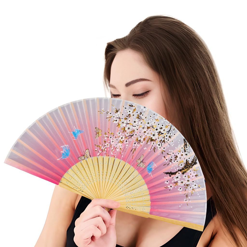 Floral Folding Hand Fans Chinese Style Bamboo Folding Fan Vintage Pattern  Handheld Fabric Folding Fan with Tassel