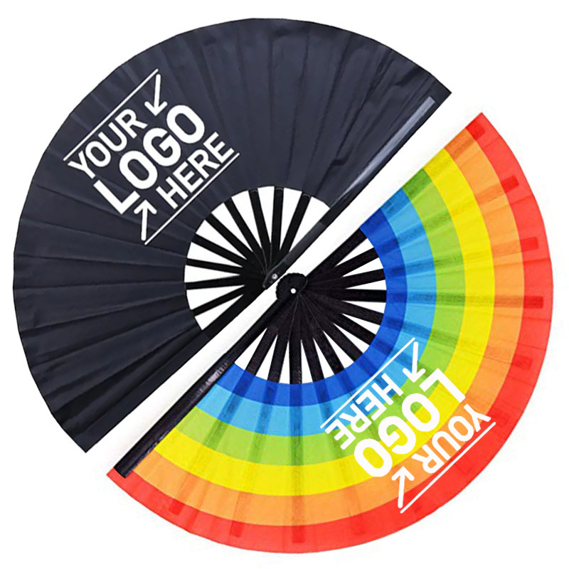 Big Clack Large 33Cm Custom Logo Printing Oxford Satin Fabric Silk Bamboo Hand Held Folding Fan Rainbow Fan