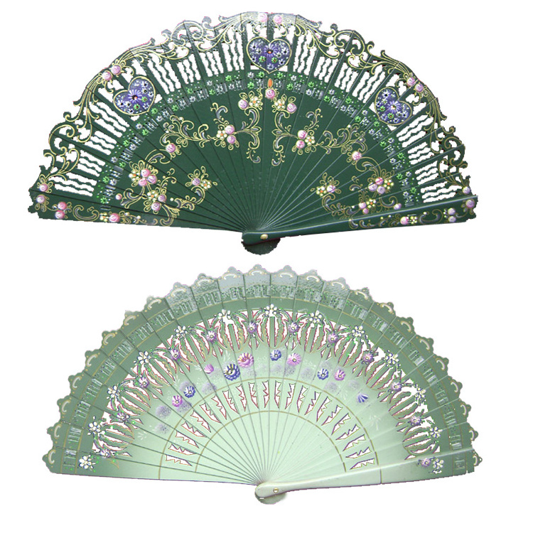 Round Head Flower Shape Carving Design Wood Hand Held Fan Hand Painted Spanish Fan