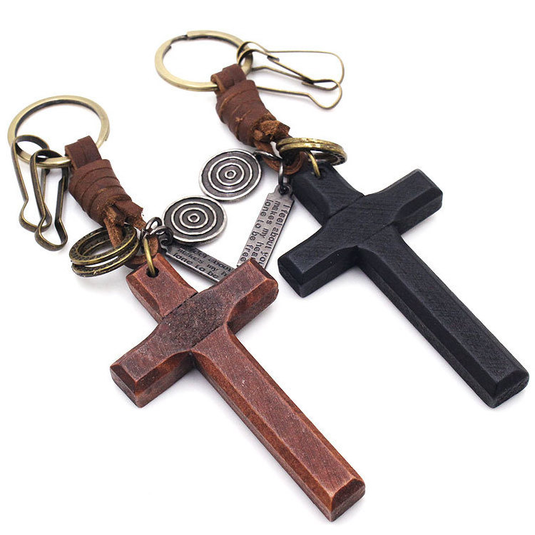 Festival Gift Religious Keychains Olive Wood Cross Keychain With Leather Keyring