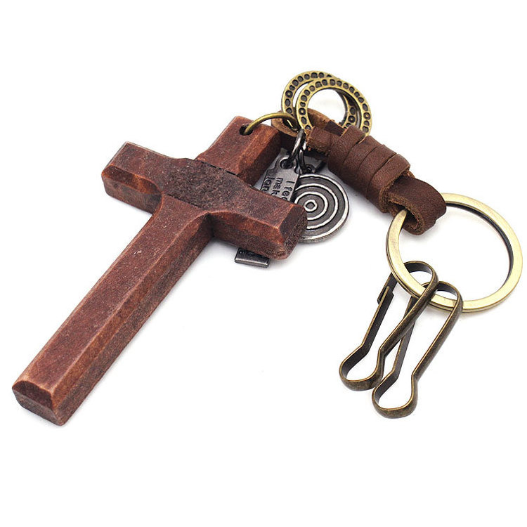 Festival Gift Religious Keychains Olive Wood Cross Keychain With Leather Keyring