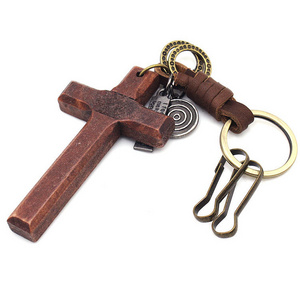 Festival Gift Religious Keychains Olive Wood Cross Keychain With Leather Keyring