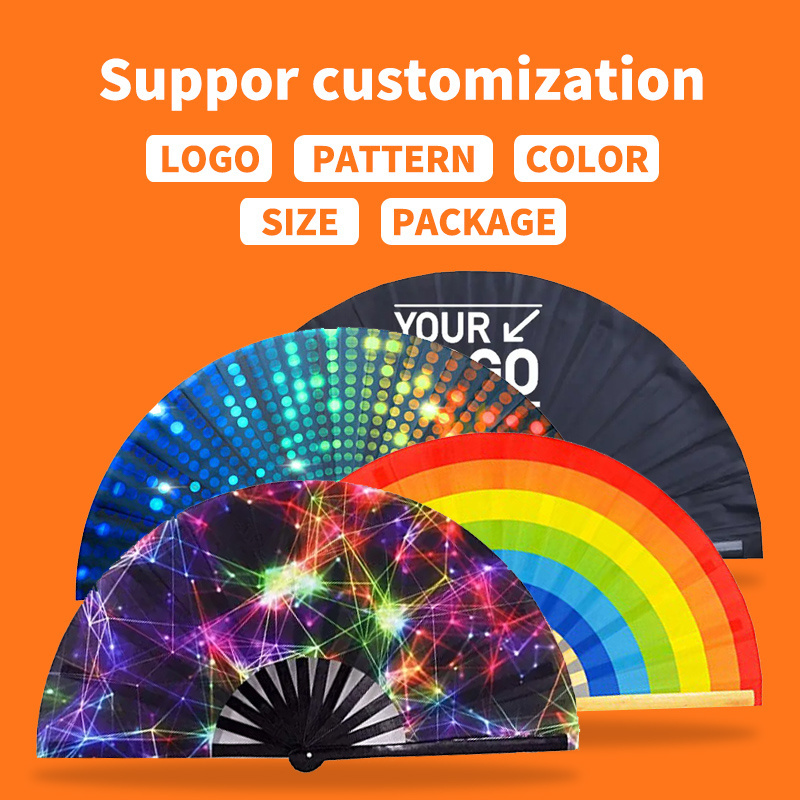 Big Clack Large 33Cm Custom Logo Printing Oxford Satin Fabric Silk Bamboo Hand Held Folding Fan Rainbow Fan