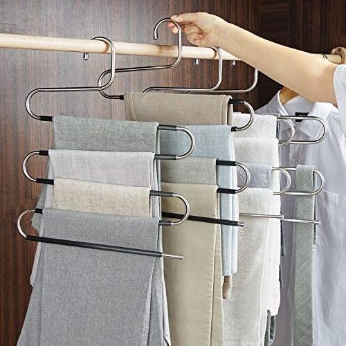 IANGO S-Type 5 Layers Stainless Steel Modern Pants Hangers Space Saving Jeans Scarf Clothes Hanger