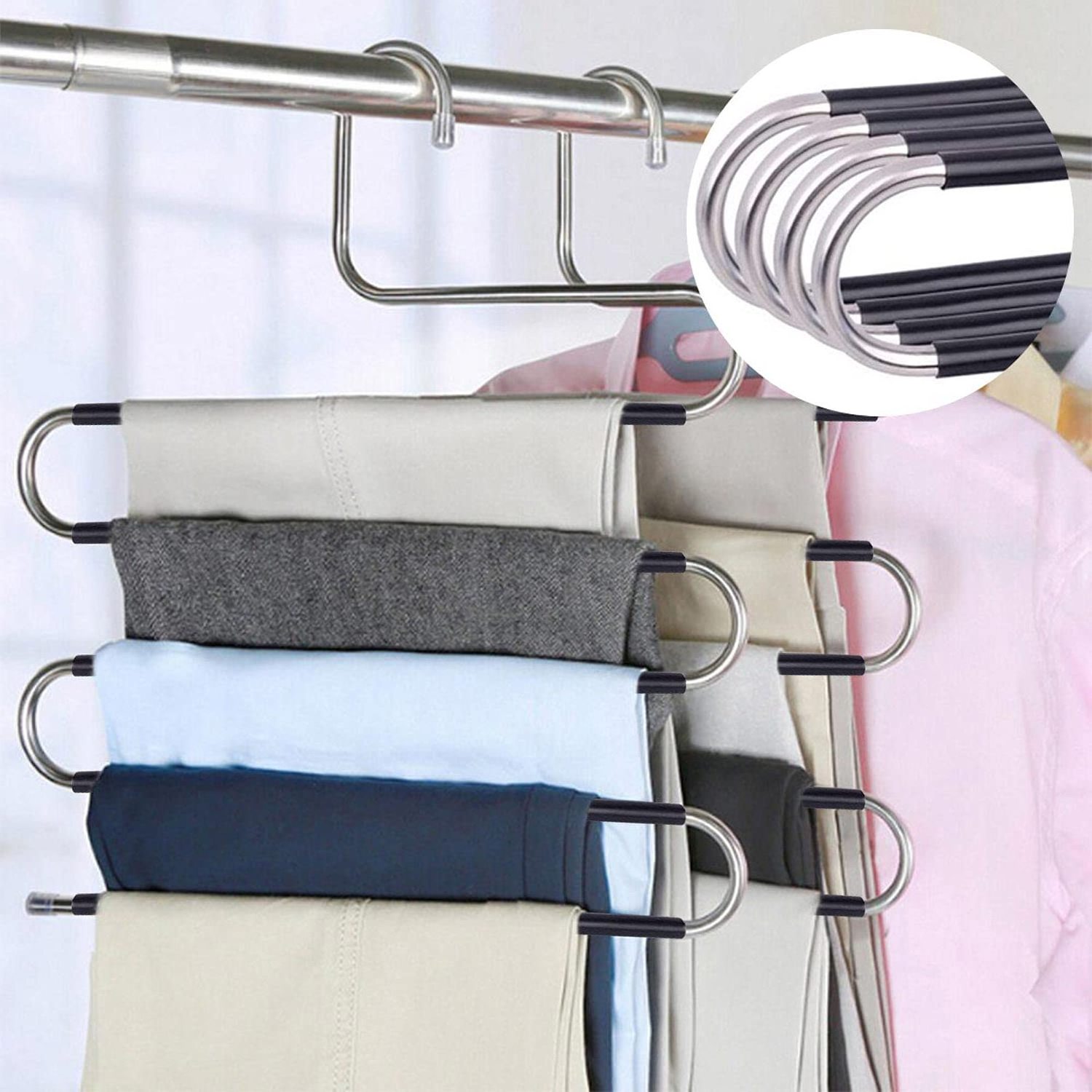 IANGO S-Type 5 Layers Stainless Steel Modern Pants Hangers Space Saving Jeans Scarf Clothes Hanger