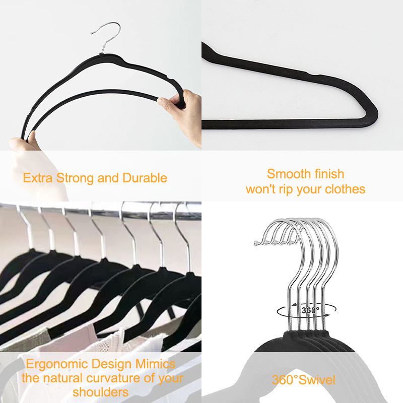 Hot Selling 10 Pack 28CM Custom Slim Non-Slip Baby Velvet Black PVC Hanger Wholesale Clothes Hanging Hooks