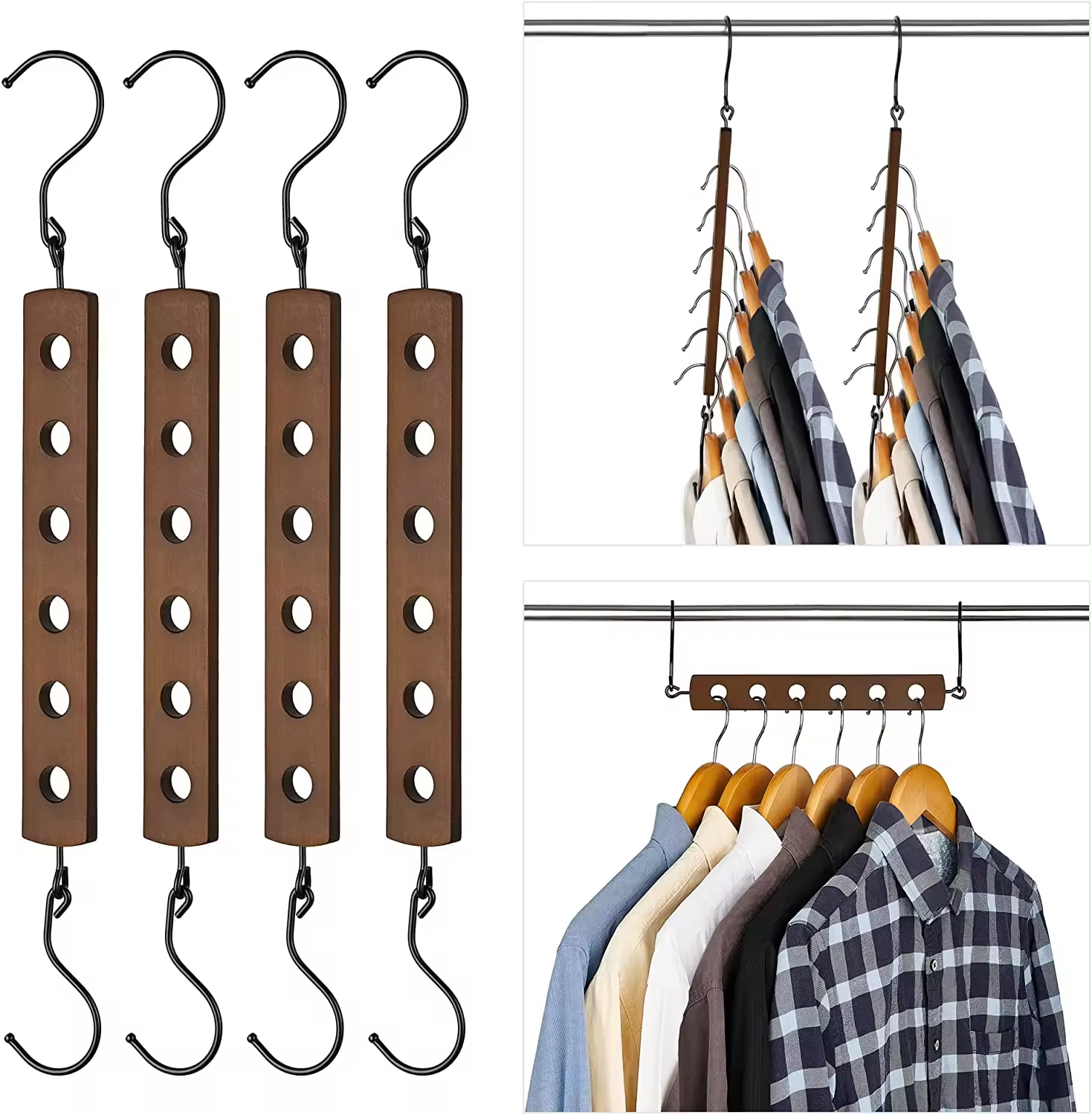 Customized Wardrobe Container Clothing Hanger Organizers Antique Color Space Saving Wooden Magic Cascading Hangers