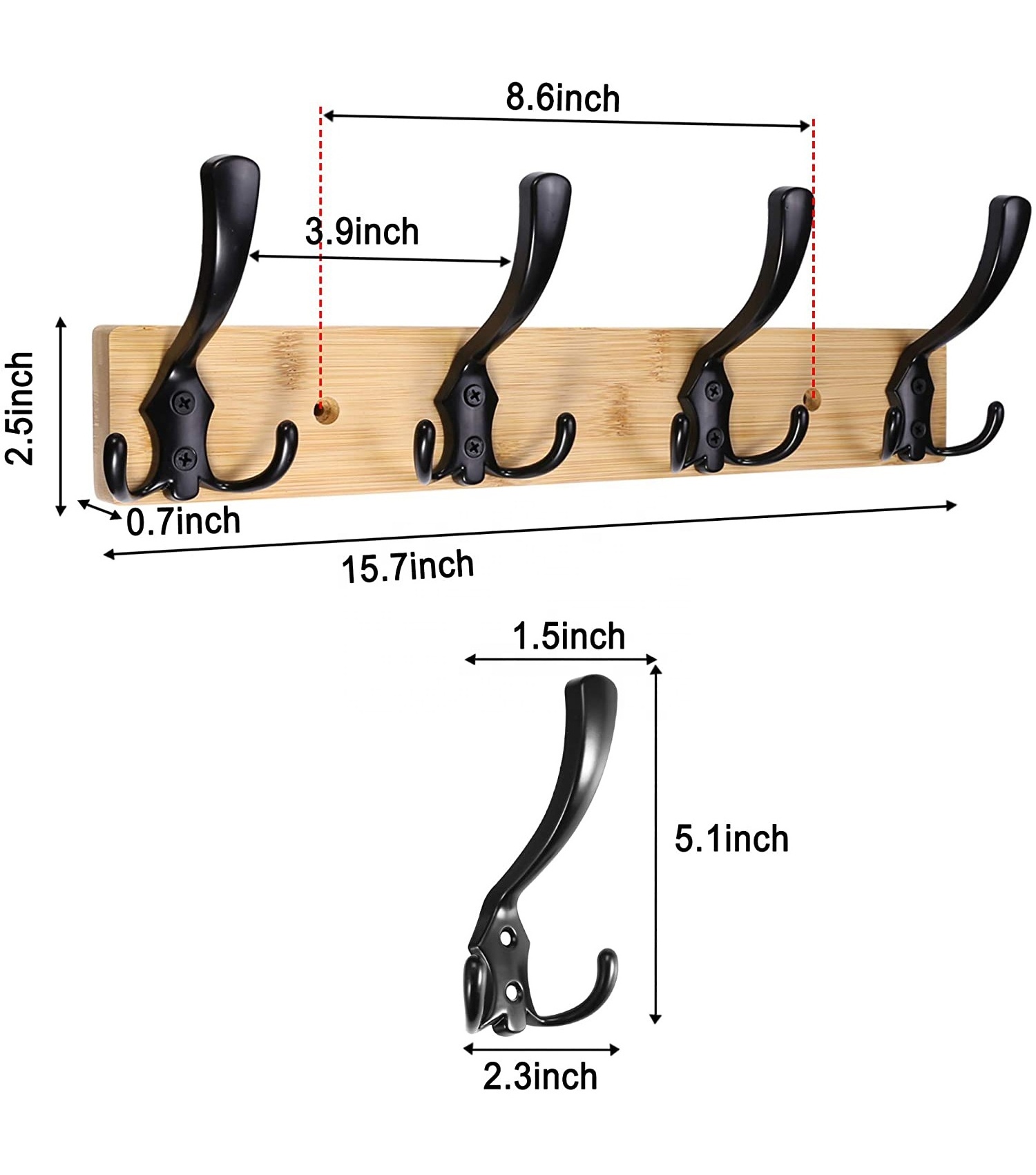 Solid wood hook with 4 hooks  placed behind the door or in the bathroom to hang bags hats clothes and bath towels